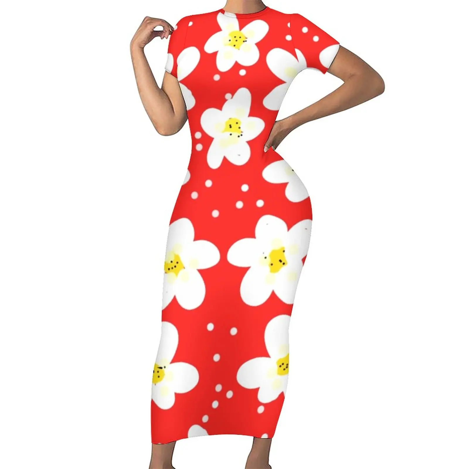 

Bright Flowers Dress Short Sleeve White Daisies Print Cute Maxi Dresses Summer Aesthetic Graphic Bodycon Dress 3XL 4XL 5XL