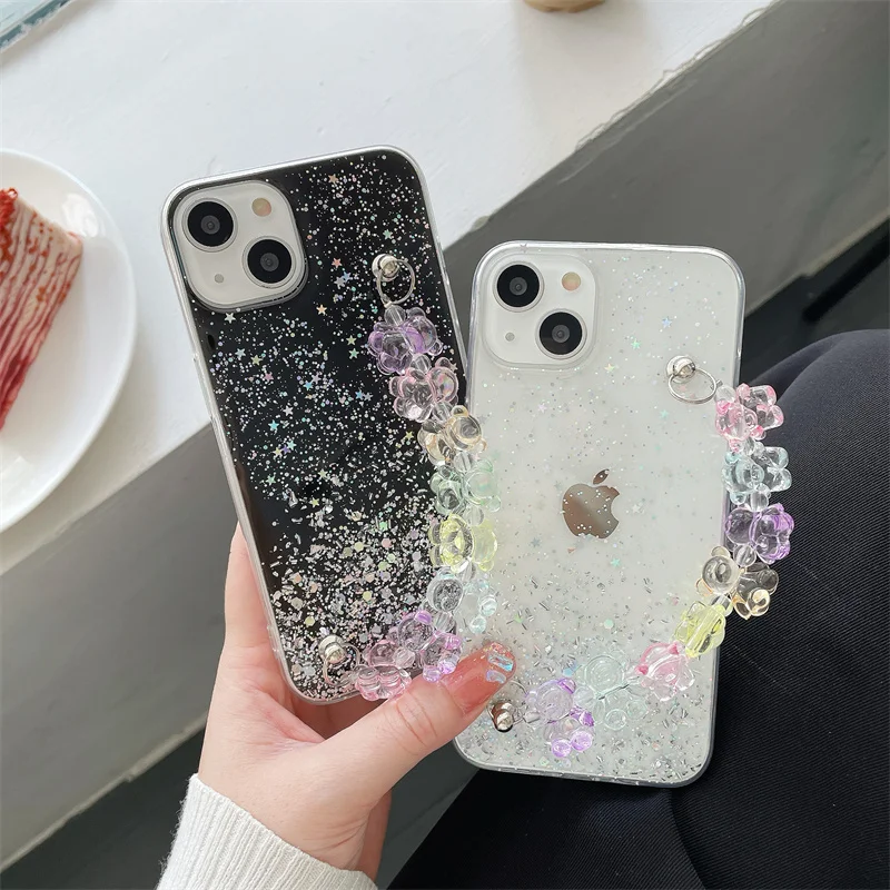 

Блестящий чехол с забавным медведем, браслетом и цепью на запястье для Xiaomi Mi 11 T 11 Lite Poco F3 X3 M3 Redmi 10C 9 9A 9C 9T Note 11 Pro 10 9 8T 7