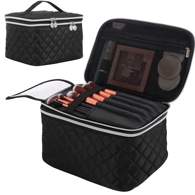 Travel Makeup Bag Double Layer  Portable Cosmetic Bag with Divider Organizer Case for Storage Cosmetics Make up Brush Large Capa