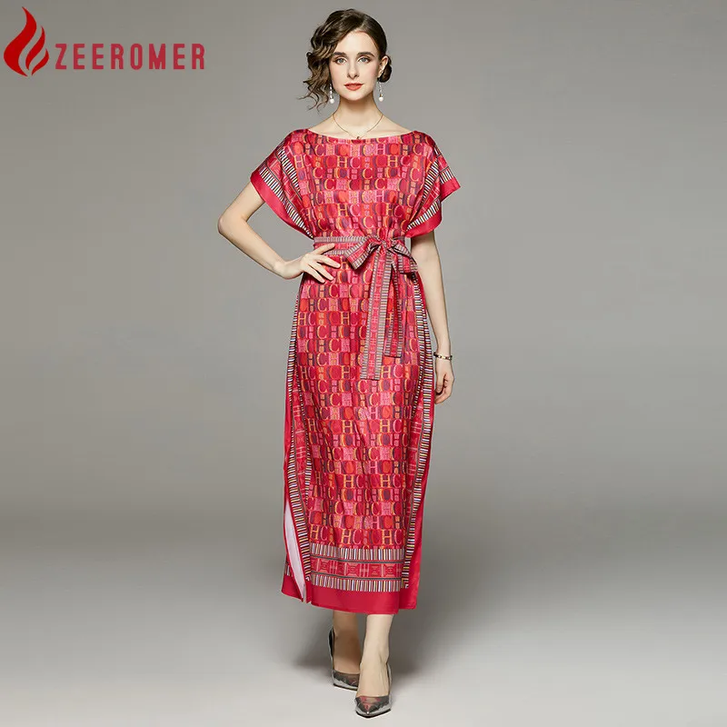 

2023 Summer Fashion Letter Print Long Dress Women Slash neck Butterfly Sleeve Lace-up Party Robe Femme Loose Chiffon Vestidos