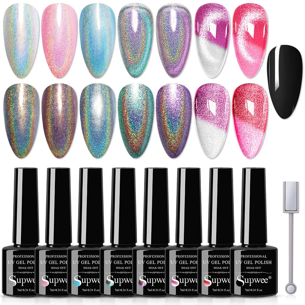 

SUPWEE 8PCS Gel Nail Polish Set Laser Gel Soak Off UV Manicure Color Changing Varnish 9D Cat Eye Gel with Magnetic For Nail Art