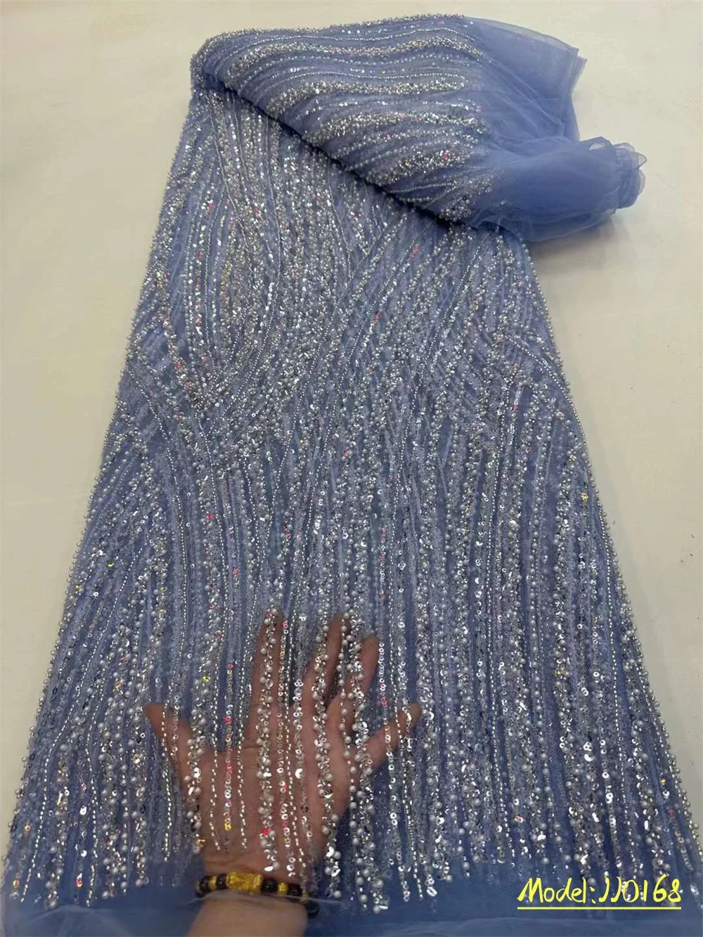 

Beaded African Embroidered Mesh Fabric In Tulle Nigerian Lace Fabric 2023 High Quality Lace For Evening Dress Blue Flash Sale