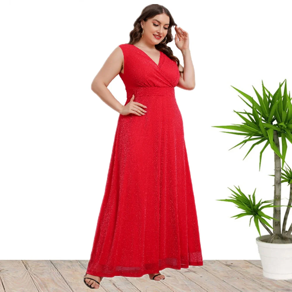 Plus Size Women's Clothing Evening Party Dress 2023 Large Women Summer New Sleeveless V-neck Dress Solid High Waist Long Dress
