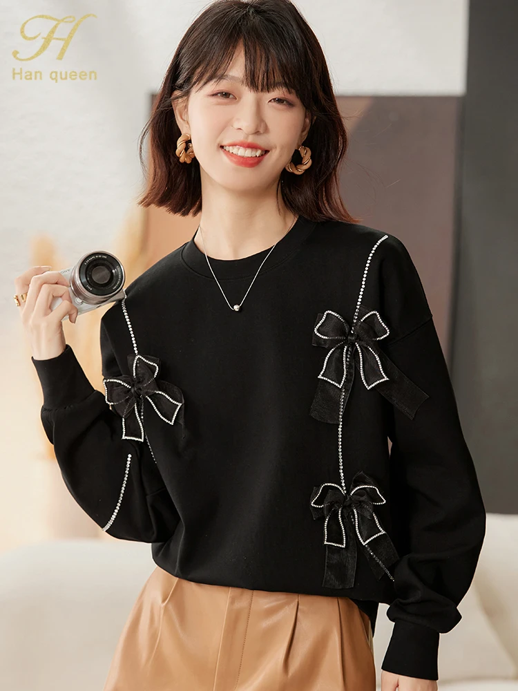 

Новинка Осень 2022, винтажный свитер H Han Queen, женский корейский Свободный Топ с длинным рукавом и бантом, повседневные рубашки, осенне-зимние ф...