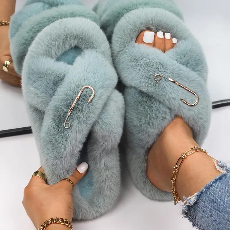 Home Winter Indoor Slippers Fluffy Slides Warm Shoes Faux Fur Slippers Plush Footwear Pin Clip Decor Flip Flops Home Shoes