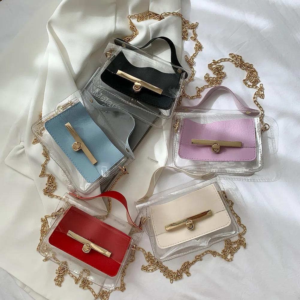 

Transparent Patchwork Shoulder Crossbody Pouch Fashion Women PVC PU Messenger Bag Casual Ladies Chain Small Purse
