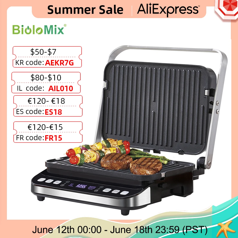 BioloMix 2000W Electric Contact Grill Digital Griddle and Panini Press, Optional Waffle Maker Plates, Opens 180 Degree Barbecue