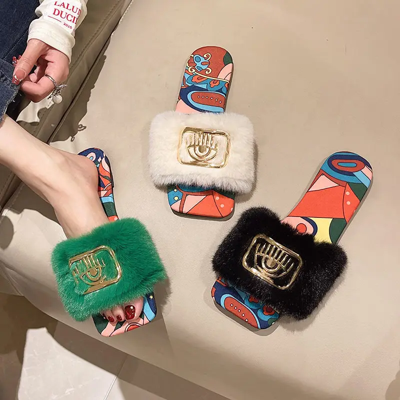

Women Furry Fur Slippers Flat Non-Slip Flip Flops Slides Fluffy Slippers Ladies Shoes Woman Home Square Head Flat Bottom Slipper