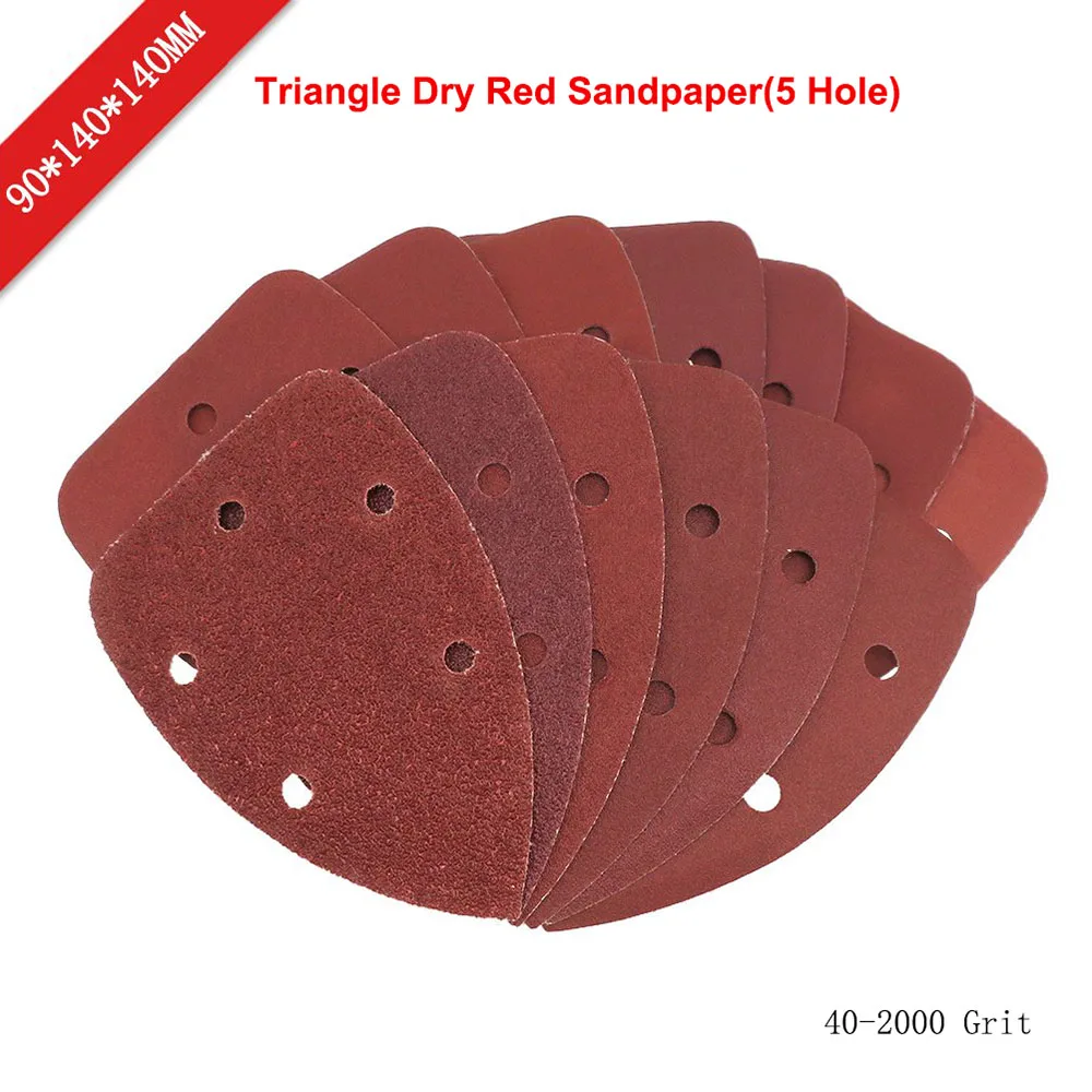 

90*140*140mm 5 Hole Sanding Sheets Triangle Dry Red Sandpaper 40-2000 Grit Hook & Loop Flocking Wood Grinding Polishing