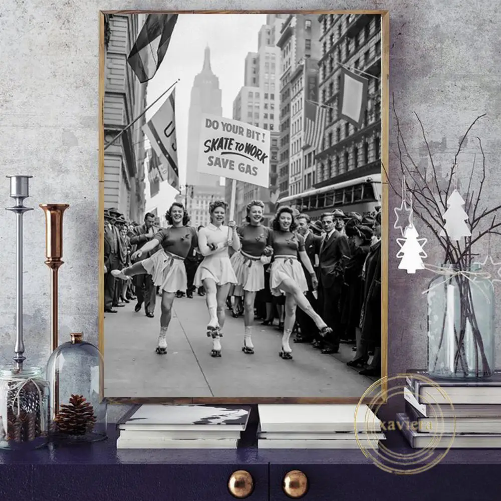 

1940s Retro Girls Poster Do Your Bit Skate To Work Save Gas Slogan Canvas Paitning Nordic Photography Picture for Office Decor