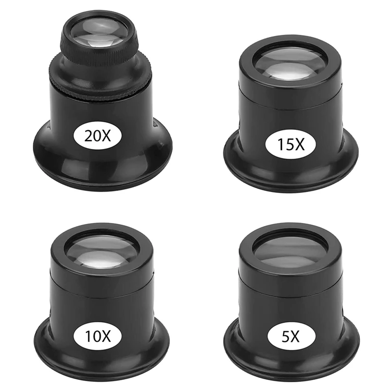 4PCS Loupe Eyeglass Magnifiers Set 5X 10X 15X 20X Watch Repair Loupe Magnifier Set Magnifying Glass For Watch Jewellery