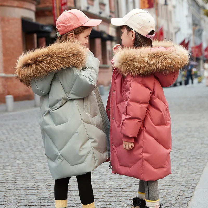 Children's Warm Down Jacket Mid-length Winter Padded Jacket 80% White Duck Down Solid Color Jacket Children's Thick Down Jacket