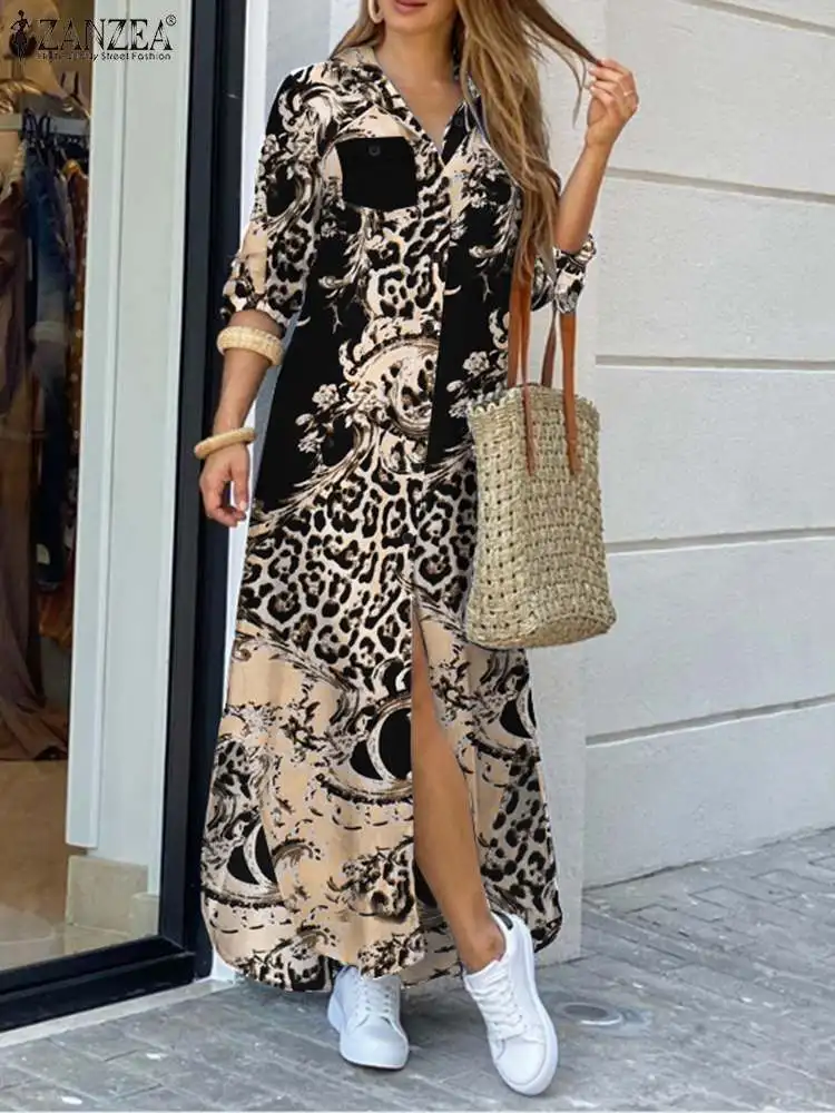 

Women's Elegant Maxi Shirt Dress 2022 Autumn Bohemian Robe Longue ZANZEA Fashion Printed Vestidos Casual Party Irregular Dresses
