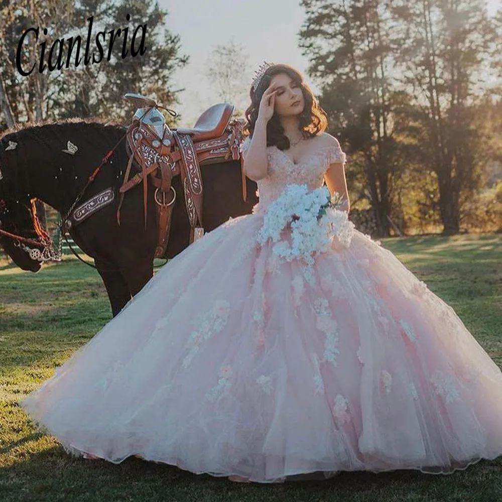 

Blush Pink 3D Floral Quinceanera Dresses 2022 Shiny Tulle Lace-up Off Shoulder Puffy Princess Sweet 16th Vestidos formales