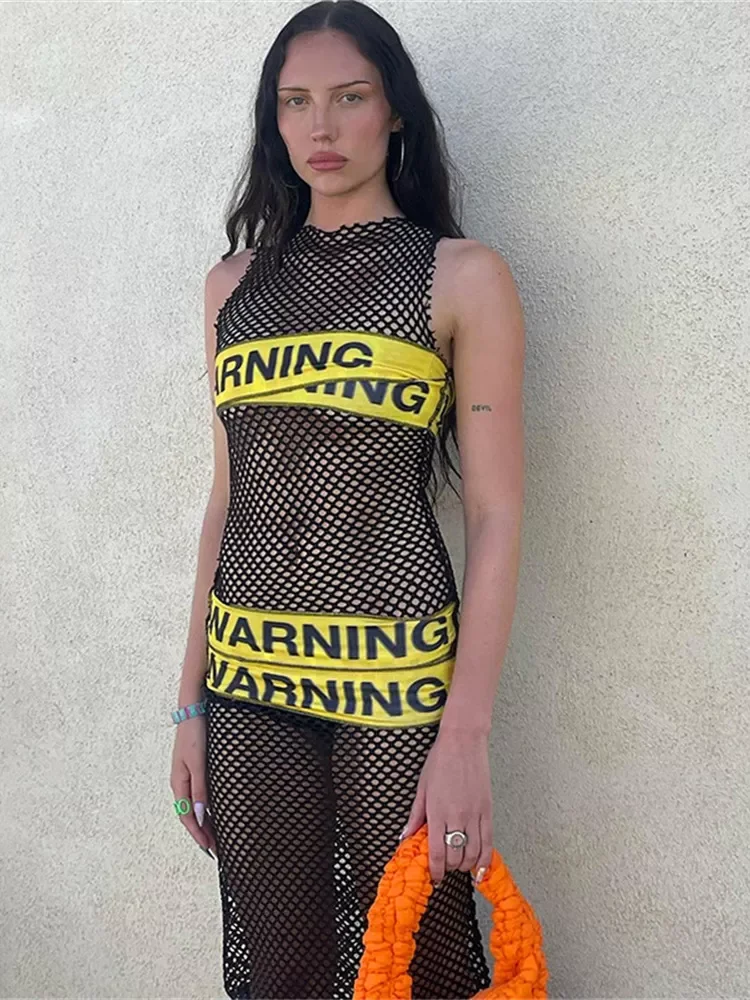 

WJFZQM Women See Through Mesh Sleeveless Hollow Out Dress Female Summer Sexy Bodycon Dresses For Women 2022 Black Maxi Dress
