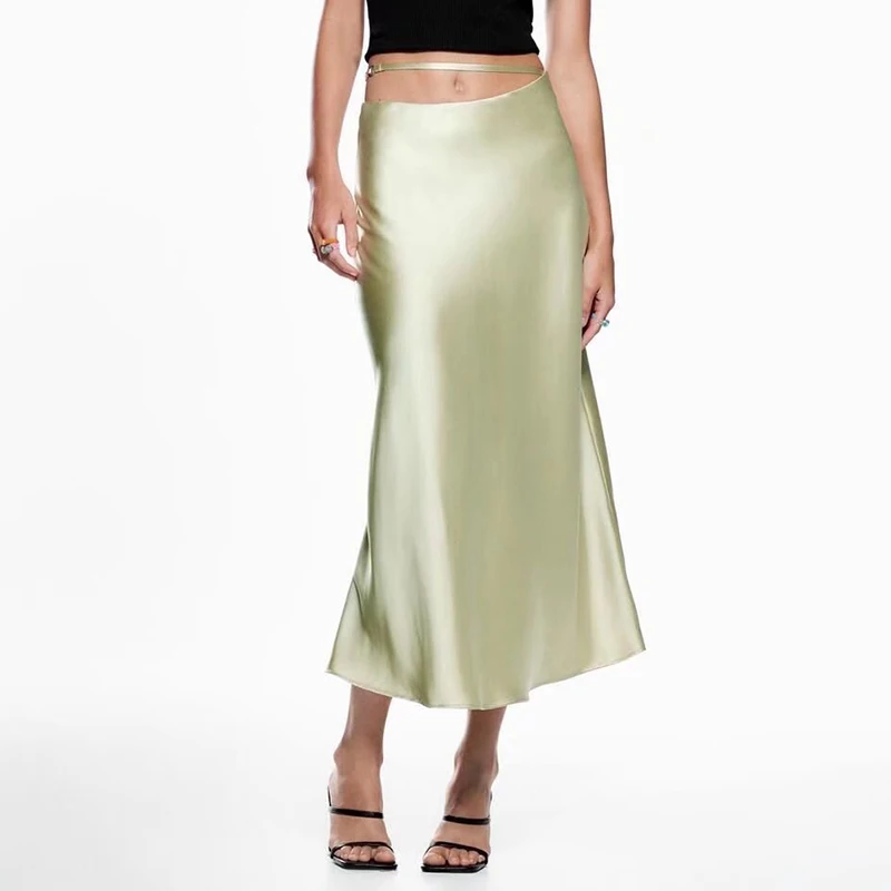 

2022 Women Solid Satin Midi Skirts High Waist Side Zipper Mermaid Skirts Office Lady Chic Female Elegant Skirt Mujer Faldas