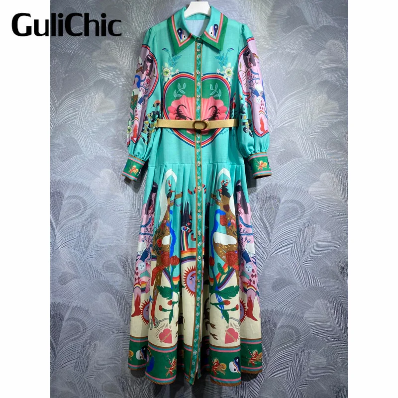 

8.8 GuliChic Women Holiday Fashion Turn-Down Collar Lantern Sleeve Chic Print Single Breasted Pleated Spliced Dress With Belt