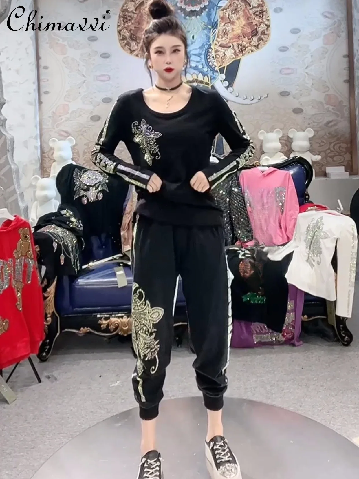 Европейская Тяжелая популярная рубашка с круглым вырезом и бриллиантами Женский