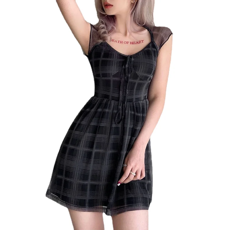 

2022 Women's Dress New Hot Lace Up Vintage Mini Dress Plaid Print Casual Gothic Square Collar Bow Cute Summer Dress Women