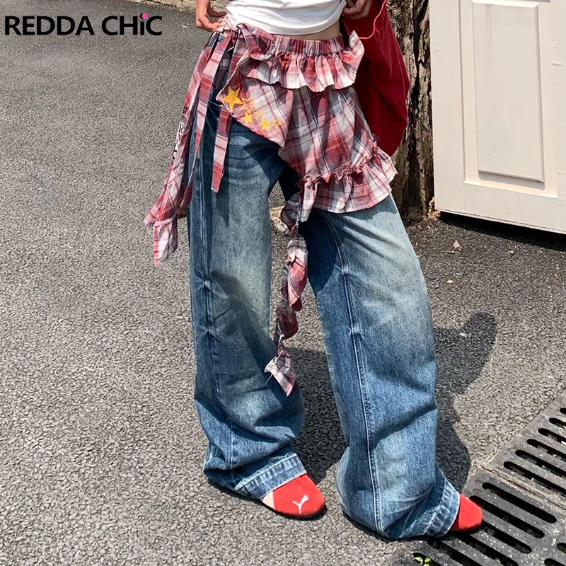 Фото ReddaChic в стиле панк, клетчатая звезда, женские накидки для джинсов, многоуровневая мини-юбка с рюшами, летняя фестивальная концертная одежда в стиле ретро Y2k №1