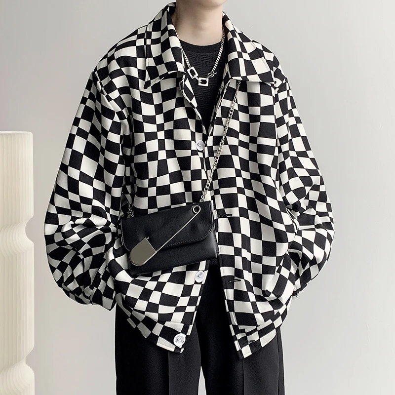 

Loose Black White Checker Jackets Mens Korean Fashion 2022 Spring Fashion Streetwear Printed Coats Trendy Clothing For Young Men