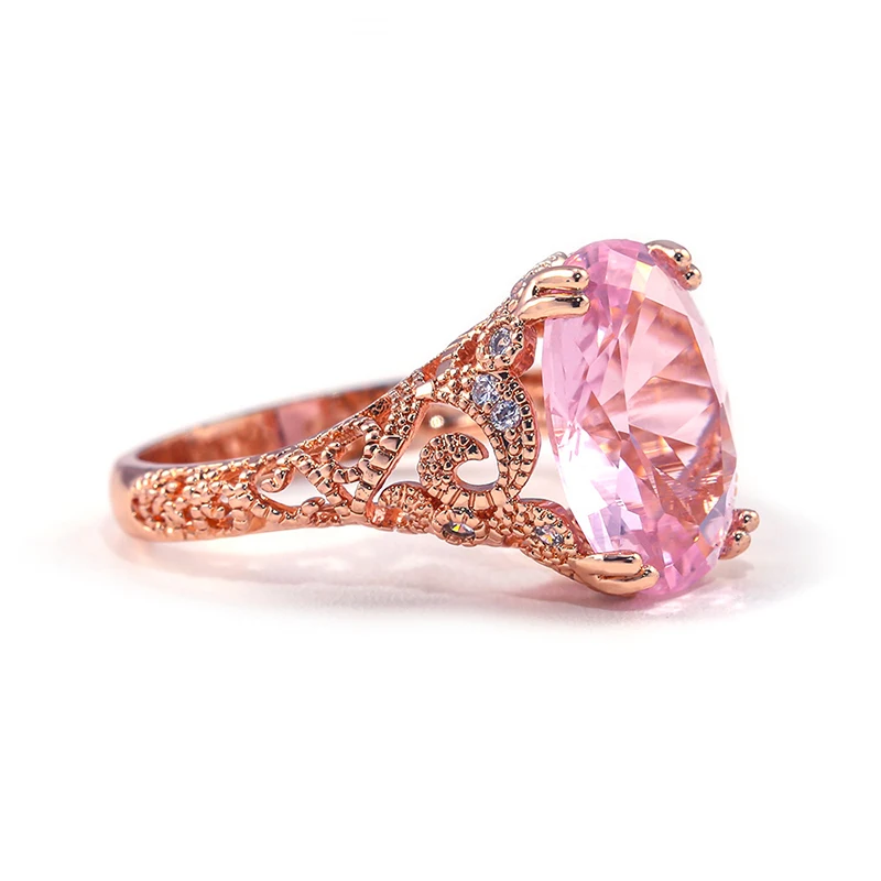 

New Romantic Rose Gold Oval Crystal Princess Rings For Women Shine Pink CZ Stone Inlay Fashion Jewelry Wedding Party Gift Ring