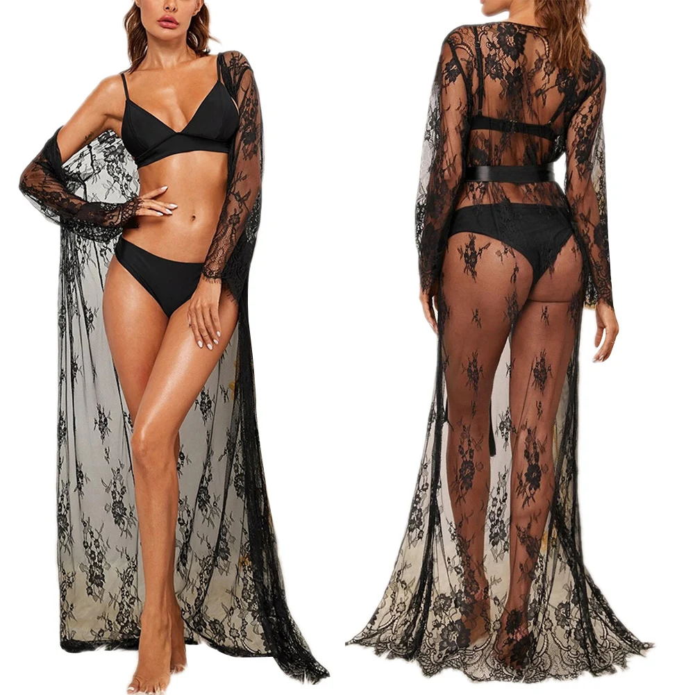 

2022 New Women's Robes Black Lace Thong Dress Pajamas Party Sexy Perspective Pajamas Robe Pajamas Underwear Ribbon Transparent