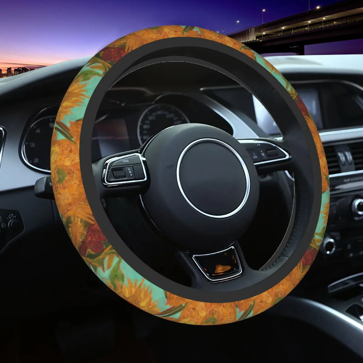 

38cm Car Steering Wheel Covers Vincent Van Gogh Twelve Sunflowers Elastic Braid On The Steering Wheel Cover Auto Accessories