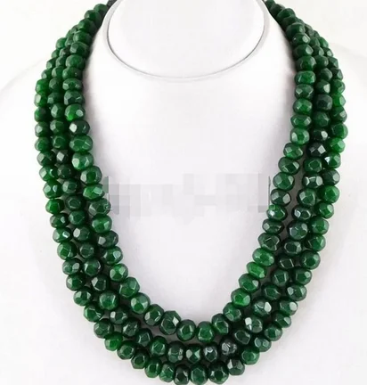 

3Rows Natural 5x8mm Green Emerald Faceted Gemstone Beads Necklace 17-19'' AAA