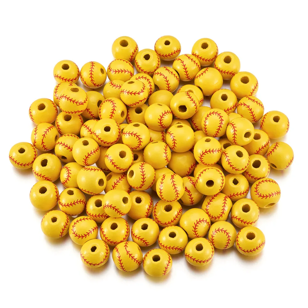 100Pcs Sports Baseball Pattern Wood Beads Wooden Ball Loose Bead Spacer Charms For Bracelet Necklace DIY Jewelry Making Supplies