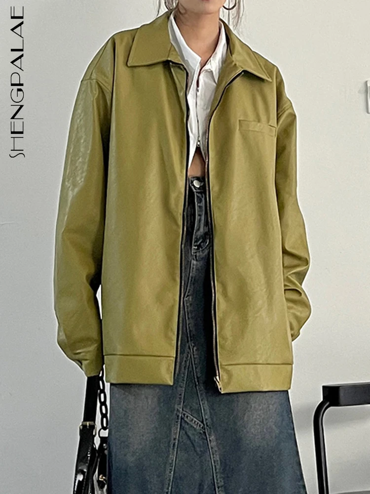 

SHENGPALAE Fashion Women Pu Leather Jacket Lapel Zipper Full Sleeve Solid Color Vintage Coat Female Autumn 2023 New Tide 5R4840