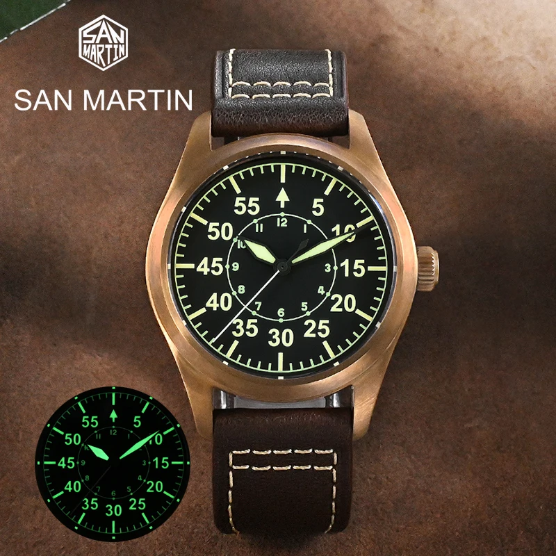

San Martin Bronze Pilot Military YN55 Retro Style Men Automatic Mechanical Watch Luxury C3 Luminous Sapphire 20 Bar Waterproof