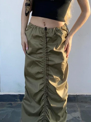 Cuteandpsycho Vintage Drawstring Cargo Skirts Fairycore Y2K Shirring Aesthetic Maxi Skirts Fashion Solid 2000s Grunge Clothings