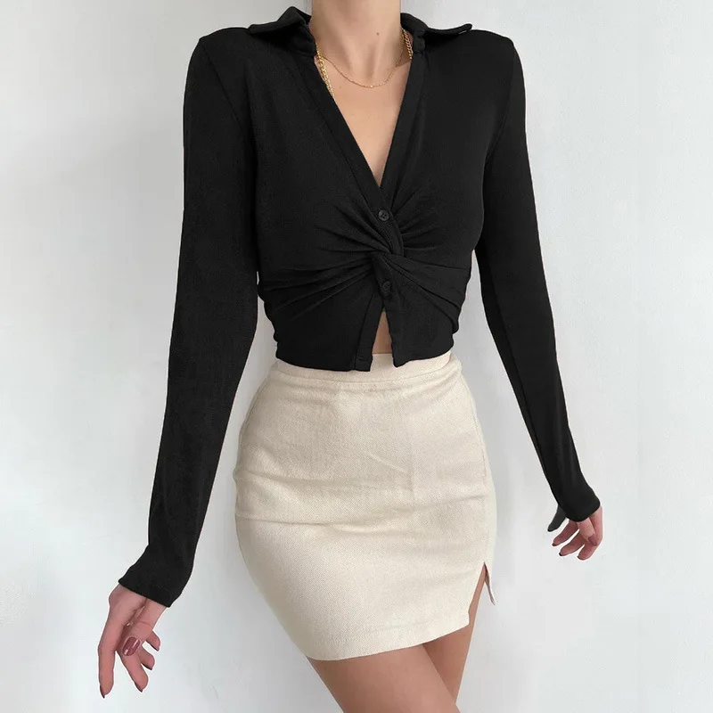 

2022 Spring Sexy Low-cut Lapel Neck Long-sleeved Knitted Cardigan Women Short Thread T-shirt Navel Bottoming Shirt Tight Top
