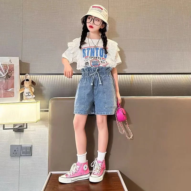 

Girls' Short-Sleeved Set Summer Suit 2023 New girls T-shirt Denim Shorts Middle and Big Children's Two-Piece Summer Set for Girl