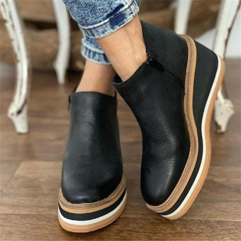 2022 Fashion Women Short Boots Round Toe High Top Platform Wedges Retro Booties Soft Leather Zipper Comfortable Boots for Woman