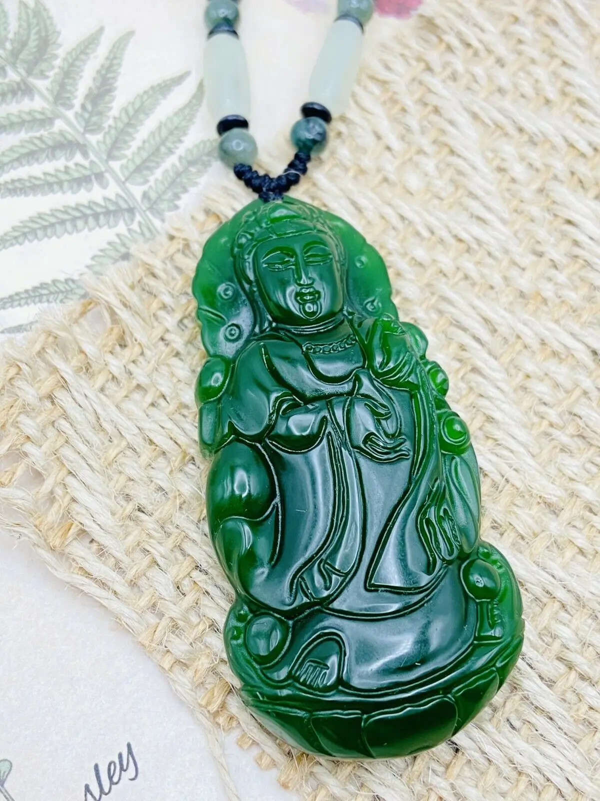 

Jade Jewelry Smiling Buddha Guan Yin Charm Pendant With Woven Beads Necklace