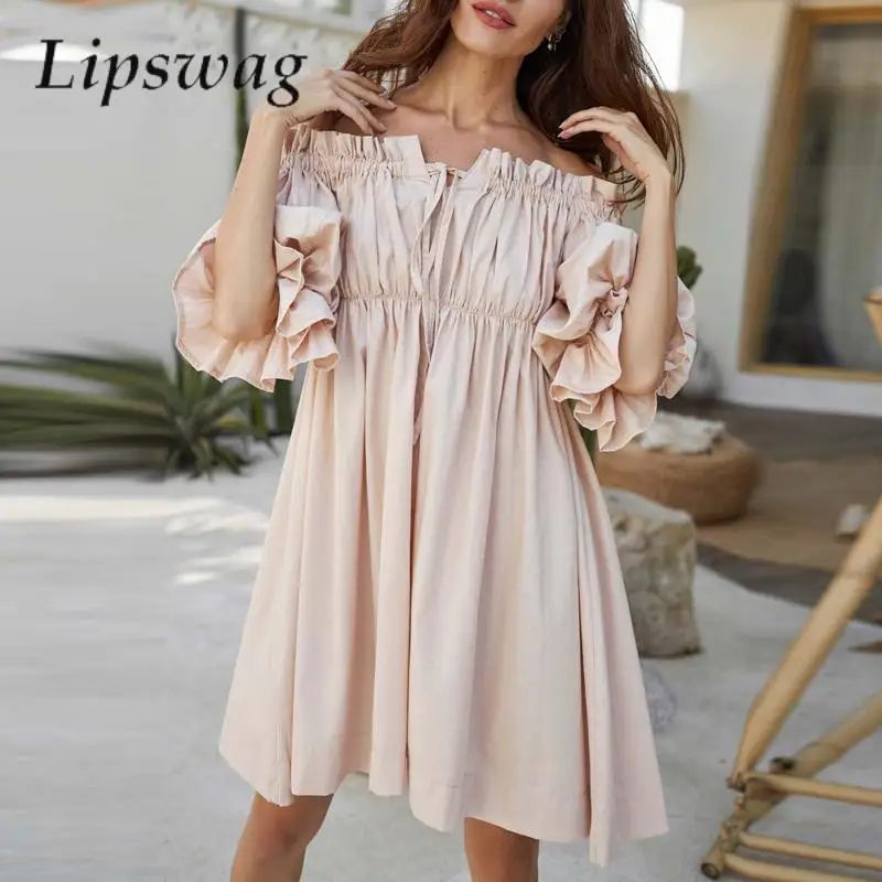 

Elegant Folded Off Shoulder Mini Dress Fashion Solid Tie-up Slash Neck Women Party Dress Casual Flare Sleeve Loose Beach Dresses