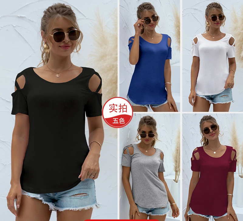 

Футболка женская с открытыми плечами, пикантный топ с вырезами, повседневный свободный однотонный пуловер с круглым вырезом, уличная одежд...