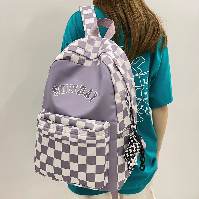 

DCIMOR New Letter Printing Women Backpack Female Cool Nylon Travel Bag Fashion Plaid Portable Schoolbag College Girls Bookbag