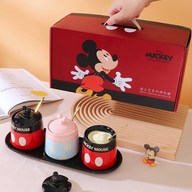 

Коробочка для приправ Disney с Микки Маусом, набор керамических приправ, соляная кастрюля с ложкой, кухонный бытовой контейнер для специй с мультяшным рисунком