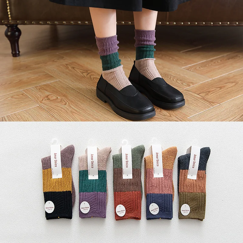 

Autumn and Winter Mid-tube Socks Japanese Thick Needle Patchwork Color Women's Pile Socks Retro Warm Cotton Socks Women Socks