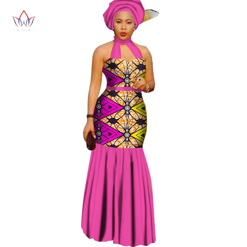 

Bintarealwax African Dresses for Women Halter Long Dress Cotton Print Wax Plus Size 6XL Three Quarter Fashion Sexy Dress WY1732