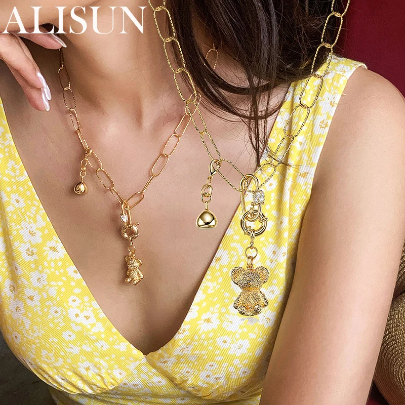 

ALISUN 925 Sterling Silver Gold Bear Pendant Necklace for Women Fine Jewelry