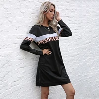 womens sweatshirt dress simple round neck dress stylish patchwork leopard print dress long sleeves black dress casual dress