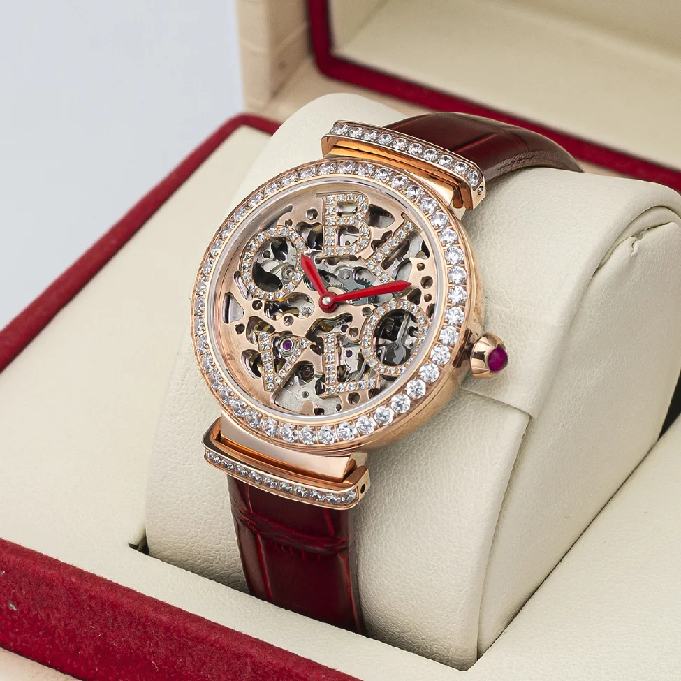 

OBLVLO Luxury Women Skeleton Automatic Watches Mechanical Steel Case Calf Leather Strap Sapphire Waterproof Dial 34mm BW