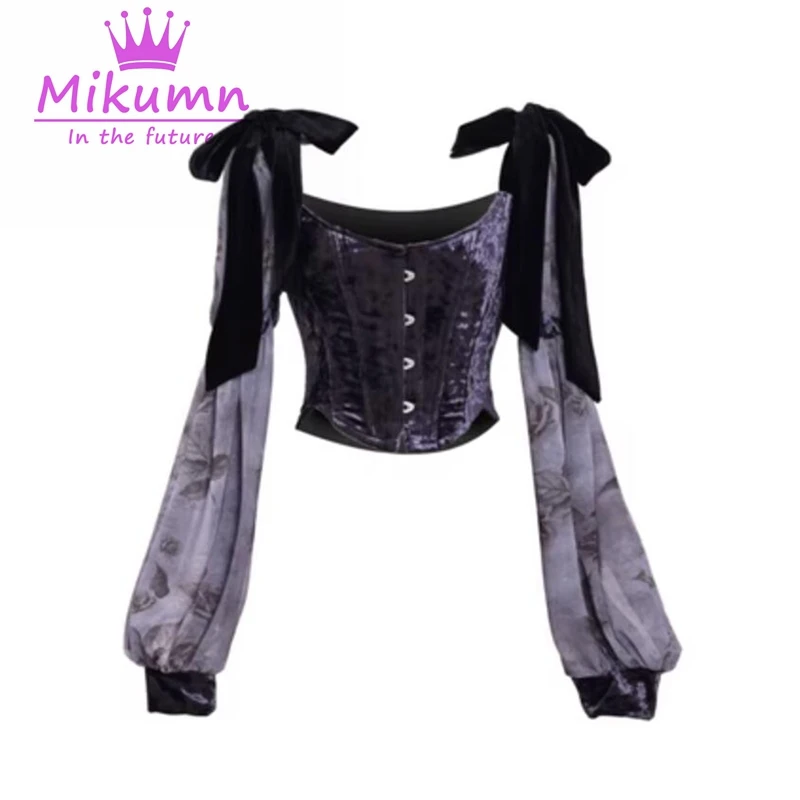 Женский бархатный корсет с рукавами-фонариками и бантом
