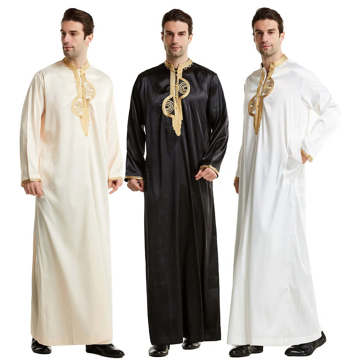 

Abaya For Men Muslim Spring Summer Arab Islam Pakistan Robe Upright Collar Embroidery Pure Color Robe Muslim Men Clothing