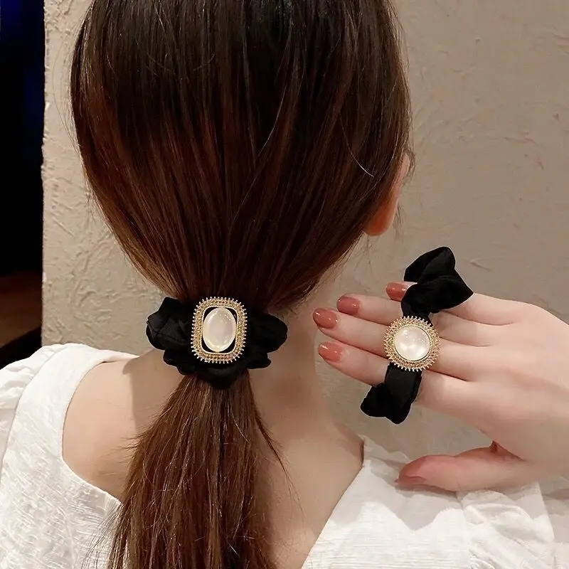 

Retro Crystals Hair Ties Hair Rope Black Sunshine Elastic Hair Bands French Modern Style Exquisite Hair Accessories For Women