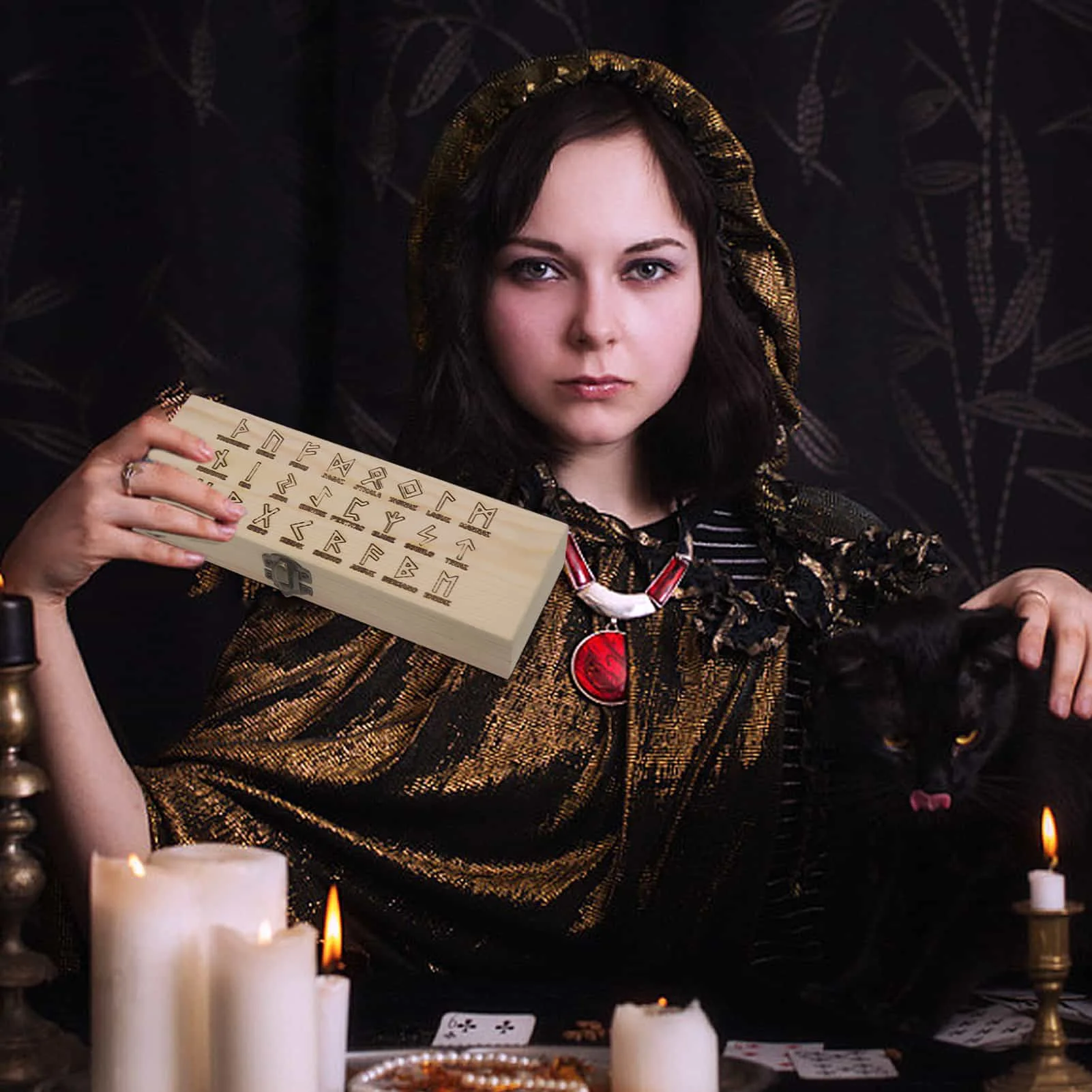 Деревянная коробка для карт и таро хранения с рунами символами ювелирные